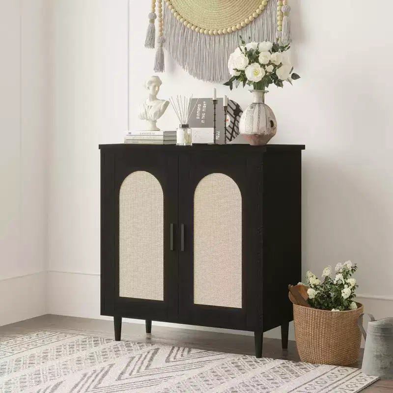 30.51 Sideboard Buffet Cabinet with Rattan, Solid Wood Feet, Kitchen and Living Room Storage with Ample Space