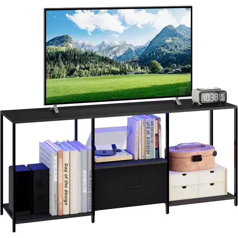 Stand for TVs up to 55, Entertainment Center with Lights & Open Storage Shelves, Modern Media Console for Living Room, Bedroom