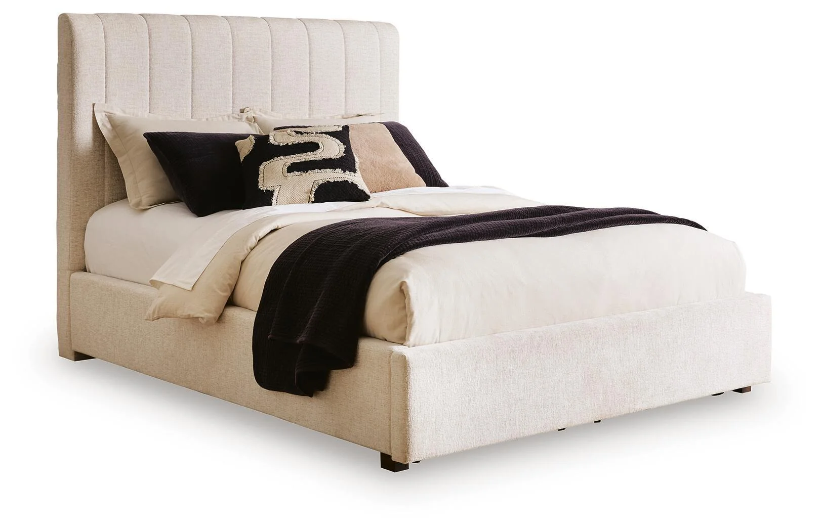 Queen Upholstered Storage Bed - Beige — Integrated storage in the footboard keeps clutter tucked away in style