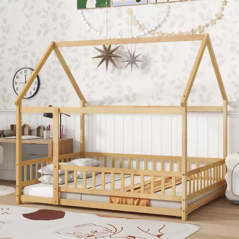 Full House Floor Wooden Bed with Floor Frames and Safety Guardrails, Beige