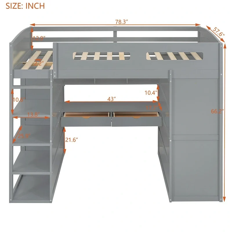 Loft Bed with Desk, Wardrobes, 4 Drawers and 4 Shelves