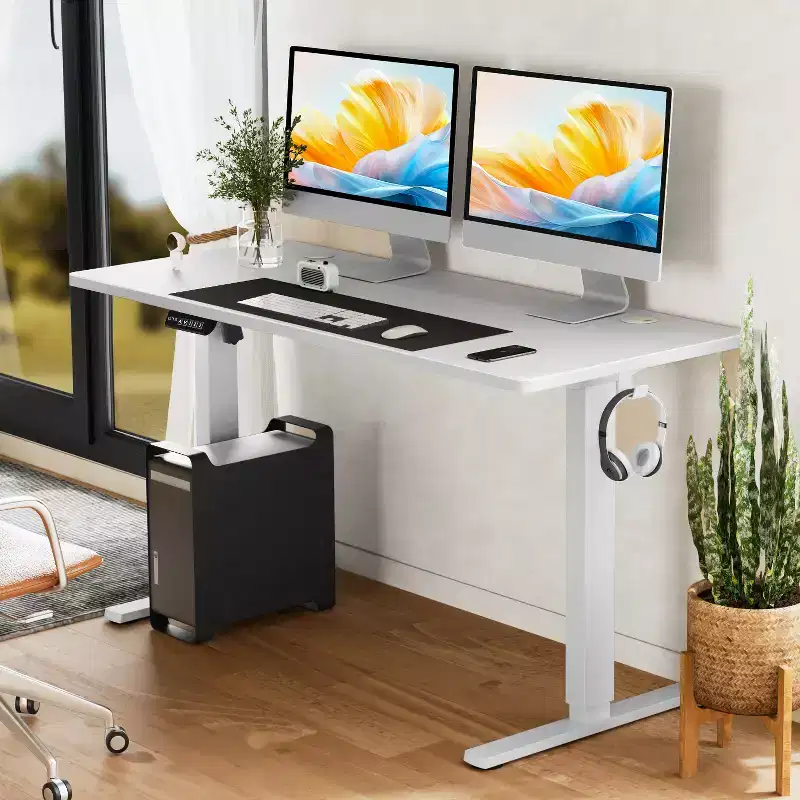 Electric Height-Adjustable Standing Desk, Splice Board Desktop, 2 Hooks & Cable Management, White