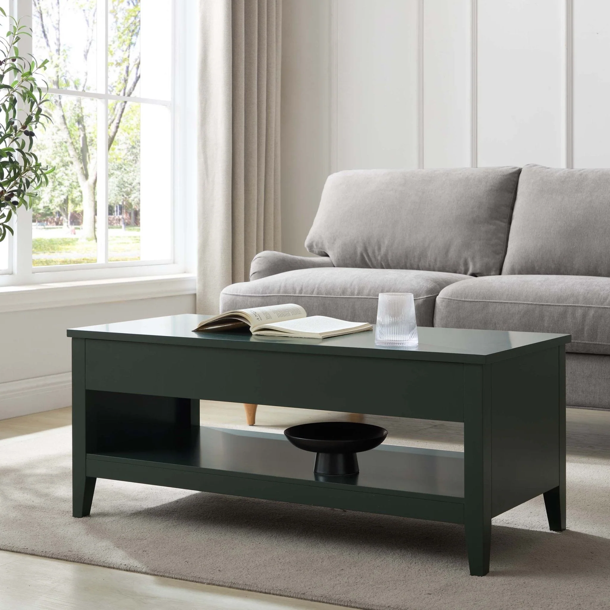 Modern Forest Green Painted Lift-Top Coffee Table with Hidden Storage for Living Room