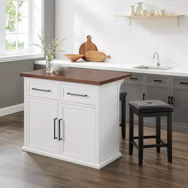 Crosley 42" Bartlett Wood Top Kitchen Island with Upholstered Square Stools White/Black: Shiplap Design, Adjustable Shelves
