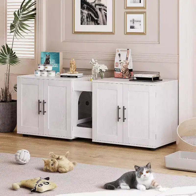 55 in 3-in-1 Cat Litter Box Enclosure with Double Rooms, Farmhouse Wooden Hidden Litter Box Furniture, 55x17.7x20.6 in