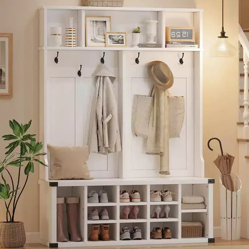 Coolmee 76 inch Hall Tree with Bench and Shoe Storage, Farmhouse 4-in-1 Entryway Bench with Coat Rack and 6 Hooks, Adjustable Shelf, Mudroom Bench