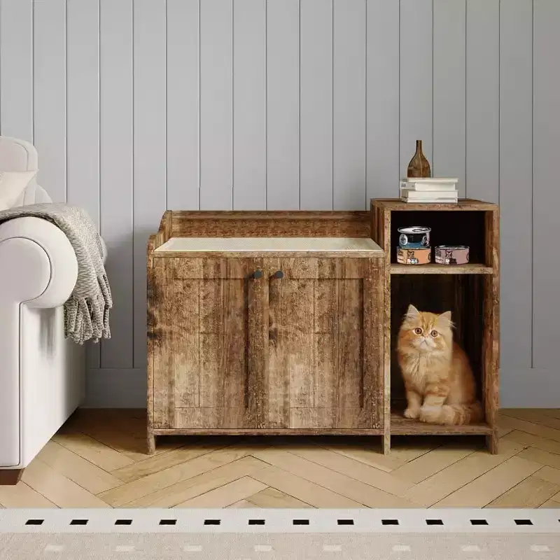 Hidden Litter Box Cabinet with Storage, Modern End Table Style, White Particleboard Cat Toilet House for Indoor Cats, Odor Control & Privacy Design