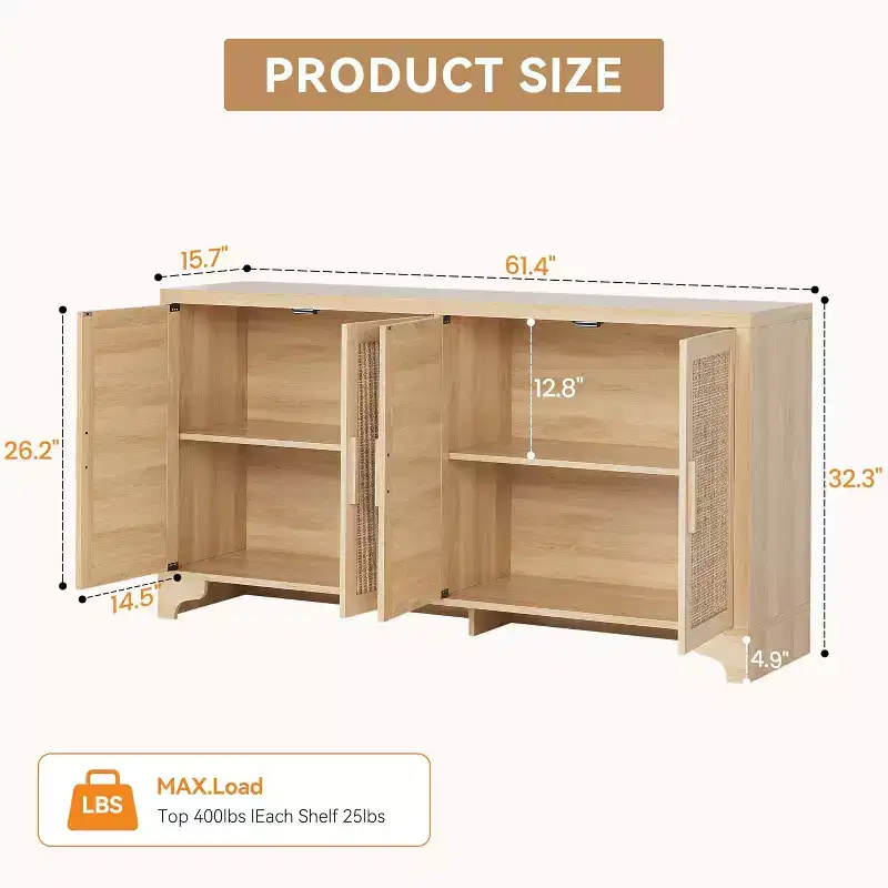 62 Inch Rattan Sideboard Buffet Cabinet, Four-Door Sideboard, Large Storage Cabinet, Modern Farmhouse Accent Table, for Kitchen, Dining Room