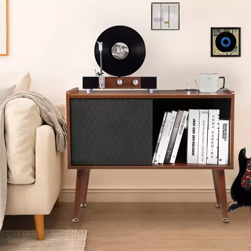 Record Player Stand with Charging Station & USB Ports – Holds 300 Albums, Vinyl Storage Cabinet