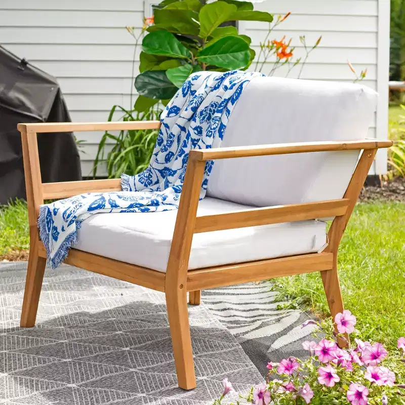 Sunnydaze Bodie Acacia Wood Patio Armchair with Bone White Cushions - Natural