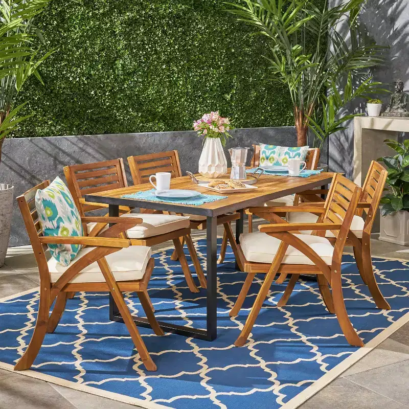 Christopher Knight Home Lovell Outdoor Acacia Wood and Iron 7 Piece Dining Set with Cushion, Teak and Cream