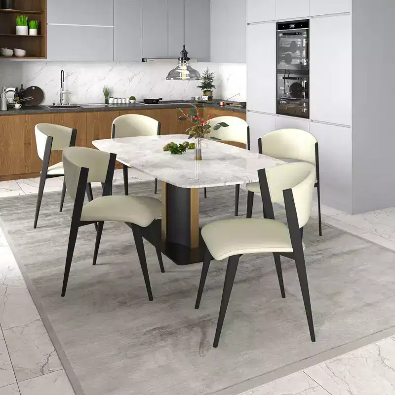 LeisureMod Aspen Series Upholstered Dining Chair in Leather Seats with Black Iron Frame and Legs, Modern Kitchen, Dining Room, Cafe Seating
