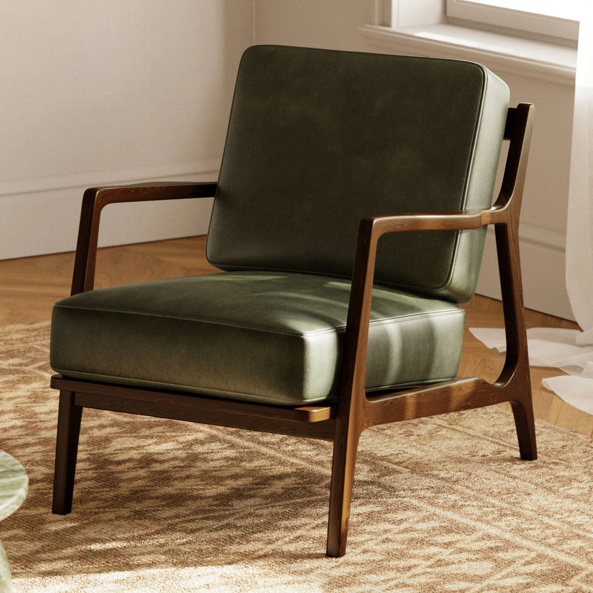 Modern Olivine Green Leather Lounge Chair with Kiln-Dried Wood Frame