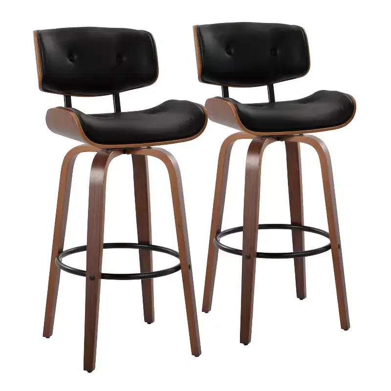 Set of 2 Lombardi Barstools Walnut/Black - LumiSource: Mid-Century Fixed-Height, Tufted, 30.5" Seat