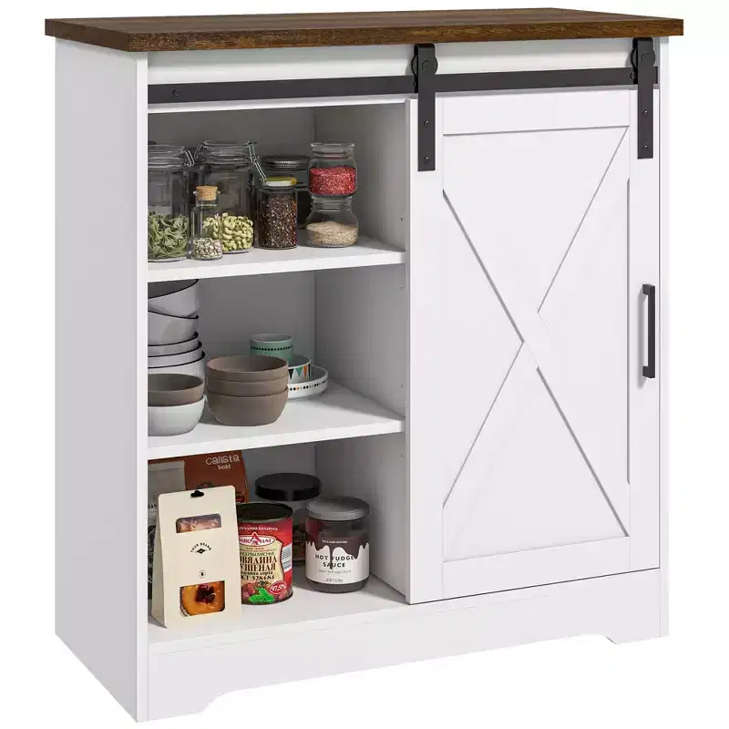 HOMCOM Farmhouse Coffee Bar Cabinet, 33 Buffet Sideboard with Sliding Barn Door and Adjustable Shelf, Kitchen Buffet Cabinet