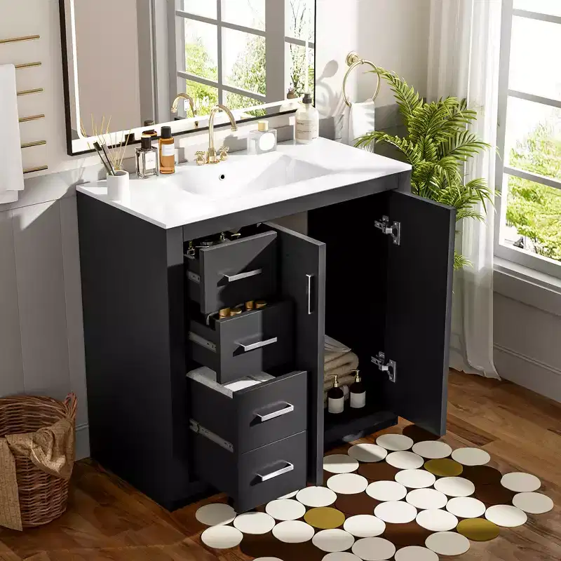 36-Inch Bathroom Vanity with Ceramic Sink, 3 Drawers & Soft-Close Doors - Solid Wood & MDF