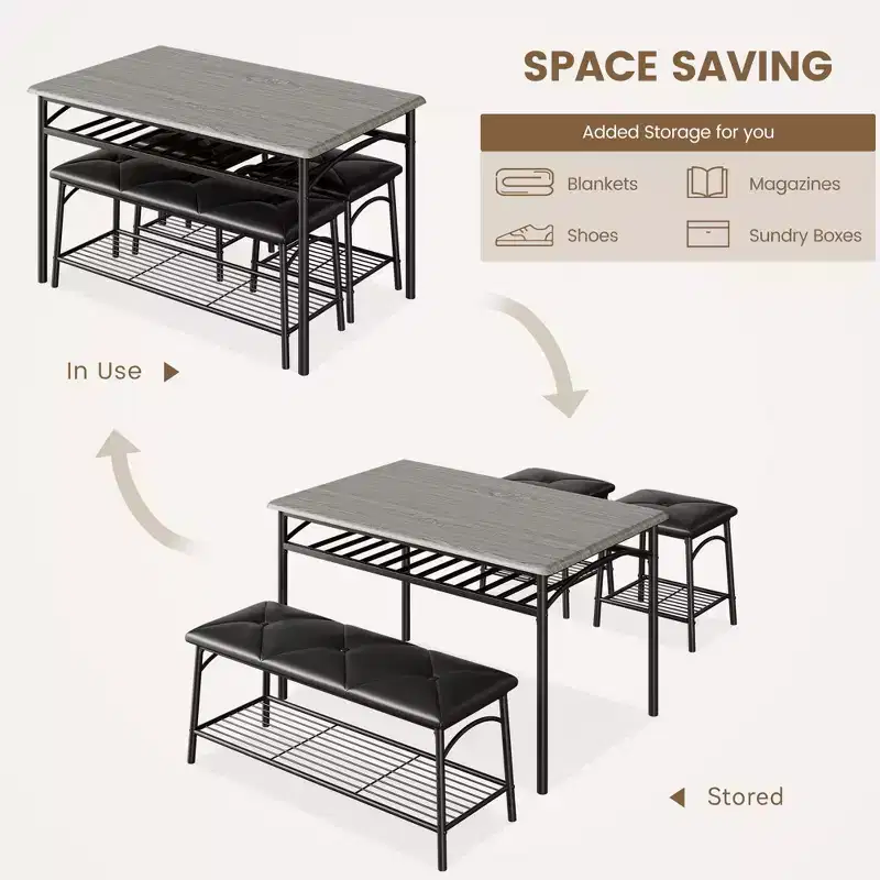 4 Piece Rectangular Kitchen Table Set, with 1 Upholstered Bench and 2 Square Stools