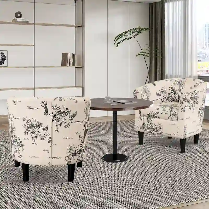 Classic Barrel Accent Chair Upholstered in Soft Polyester Fabric Footrest included
