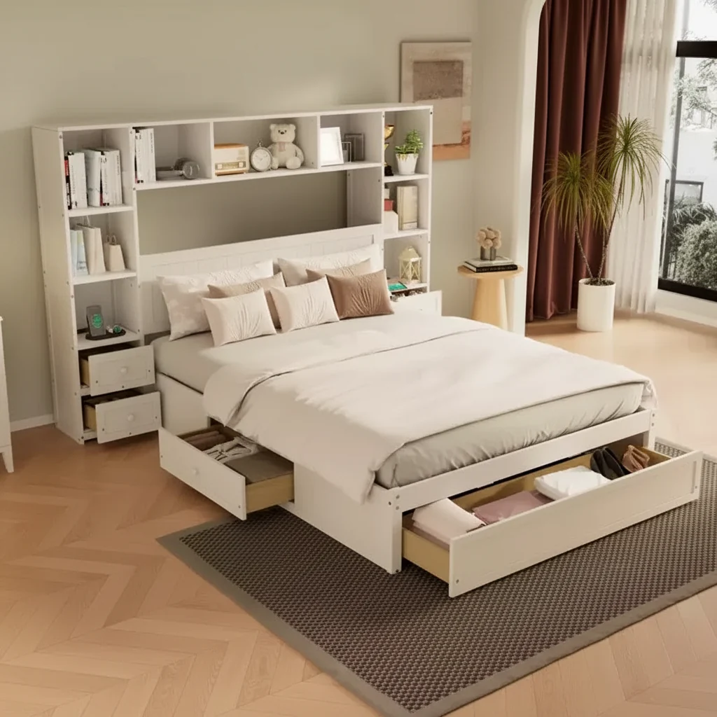 Queen Size Pine Wood Platform Bed with Nightstands and Bookcase Cabinet