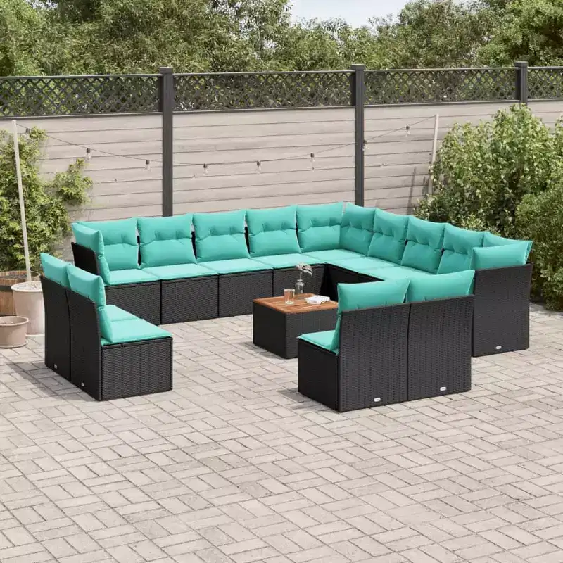 vidaXL 14 Piece Patio Sofa Set with Cushions Black Poly Rattan