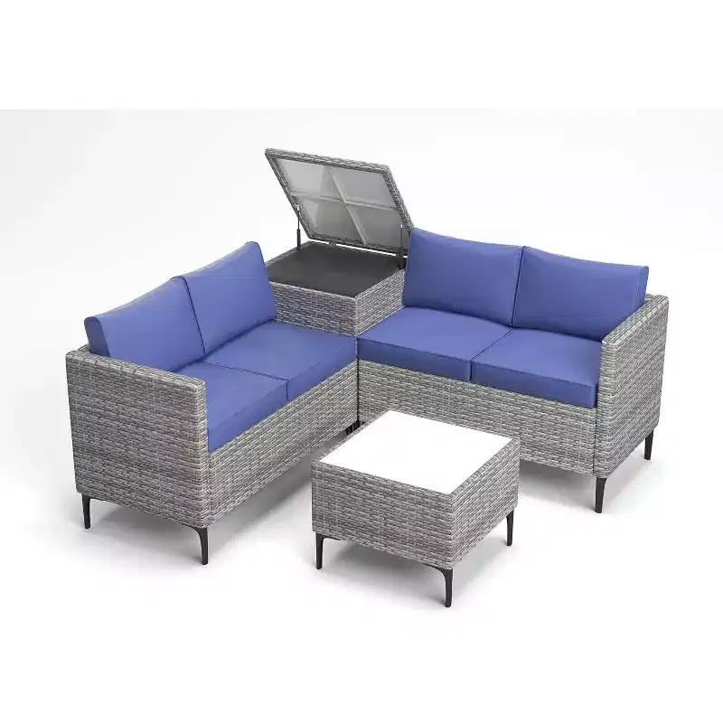 4 Pieces Patio Sectional Furniture PE Rattan loveseat Sofa Set, Wicker Outdoor Conversation Couch Sets with Coffee Table & Storage