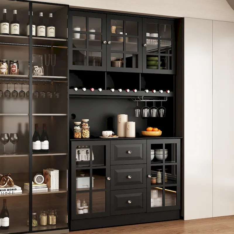 78.9Pantry Buffet White Buffet with Wine Glass Rack Drawer and Hutch