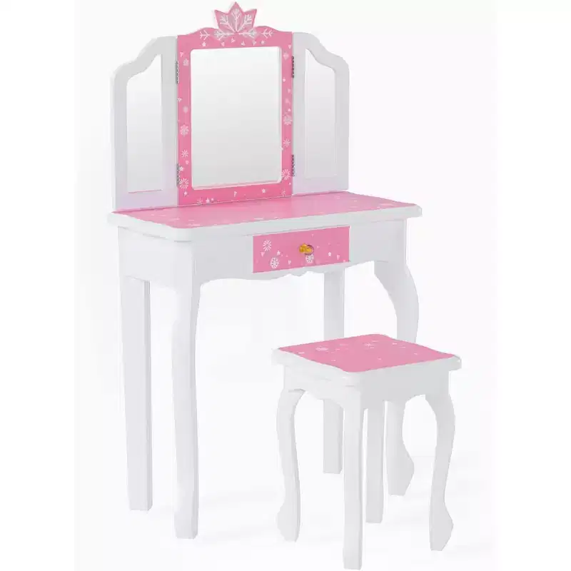Kids Vanity Set, Wooden Princess Makeup Table with Stool, Tri-Folding Mirror, Large Drawer and Solid Wooden Legs, Pink