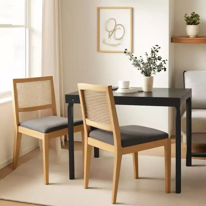 Set of 2 Rattan Back Dining Chairs with Natural Wood Frame, Small Space, Holiday Gathering, New Year Refresh, Gray