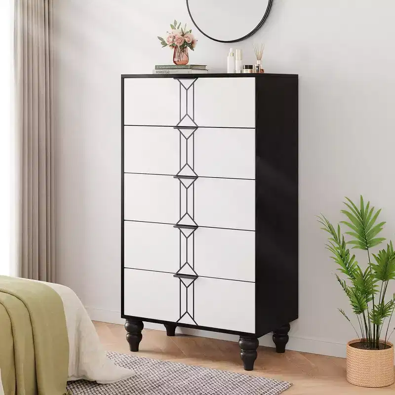 Whizmax Modern Wooden 5 Drawer Dresser with Vintage Pattern Design, Tall Dresser with Deep Drawers for Bedroom and Living Room, Black and White
