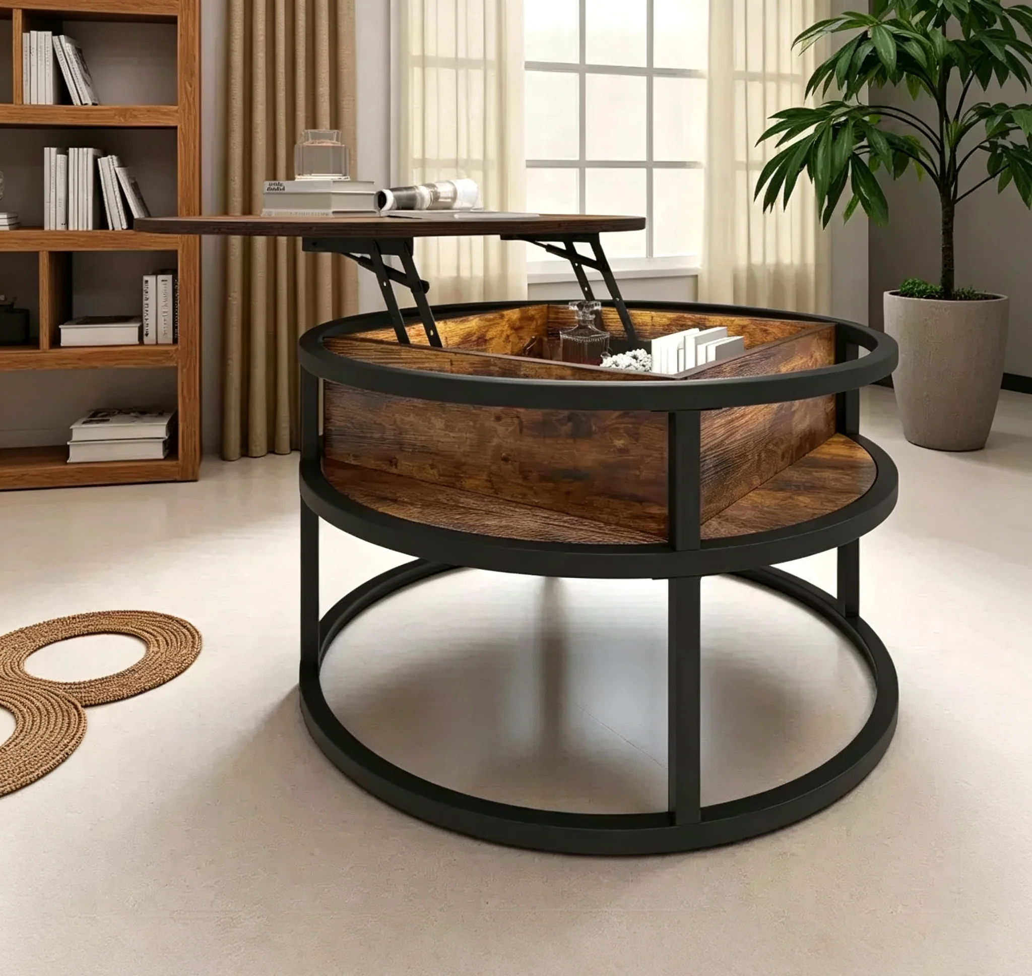 Round Lift Top Coffee Table with Storage and Hidden Compartment Small Circle Wood Farmhouse Center Table