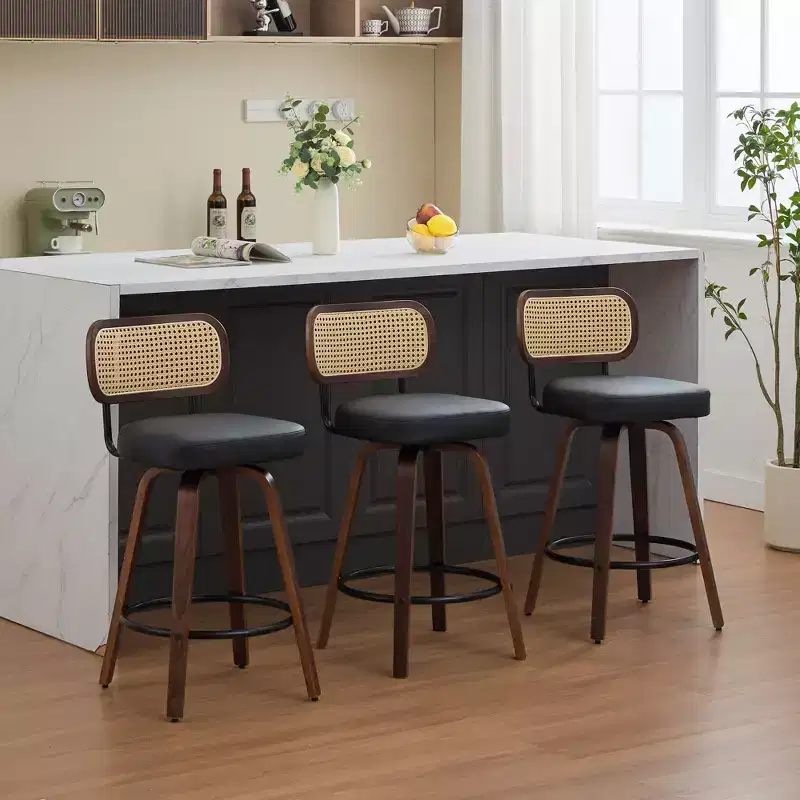 CLIHOME 3 Pieces Counter Height Bar Stools - 26 Rattan Counter Height Stools With Cane Back and Upholstered Seat