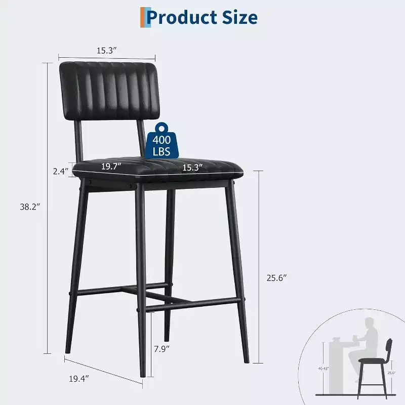 Heavy Duty High Bar Chairs  Set of 2,Thick PU Leather Seat,Ergonomic Backrest,Footrest  Metal Structure 400LBS  Easy to Clean  for Kitchen or Bar