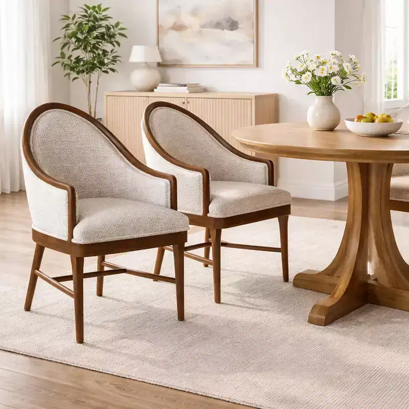 Set of 2 Mid-Century Modern Dining Chairs, Twill Upholstered Curved Armchairs with Solid Rubberwood Frame, Beige