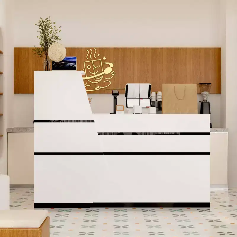 Hitow White Cash Register & Reception Desk with Black Accents & Side Shelves