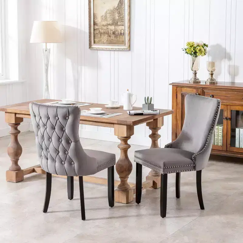 Okak Retro Dining Chairs Set of 2, Comfy Upholstered Wing-Back Chairs with Backstitching Nailhead Trim, Kitchen Chairs with Solid Wood Legs