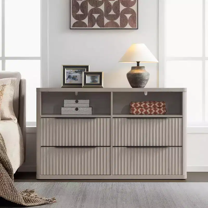BALHAM TRADE-Modern 56.5 Wide Dresser for Bedroom with 4 Drawers Fluted Open Shelf Closet Storage