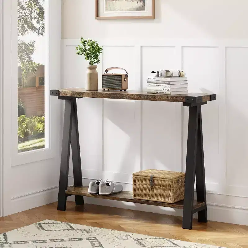 Farmhouse Narrow Entryway Table, 43.3 Console Table with Storage, 2 Tier Sofa Table with Metal Frame and MDF, Narrow Console Table for Home