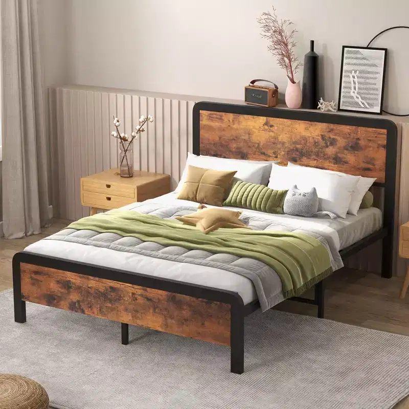 Bed Frame with Wood Headboard, Metal Platform Frame with Rounded Corner, 12 Storage Spaces