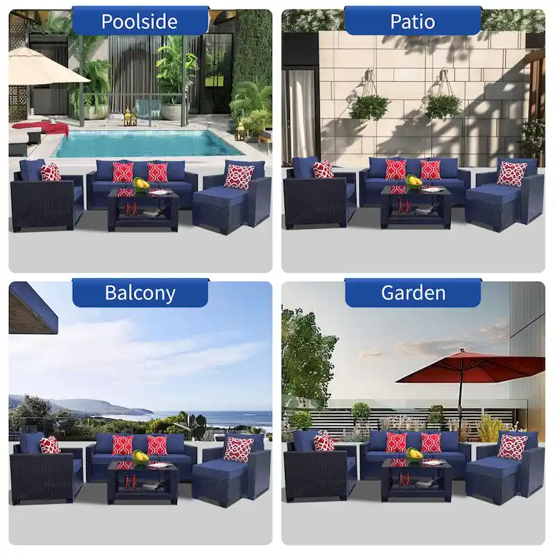7-Piece PE Rattan Wicker Cushioned Sofa Set