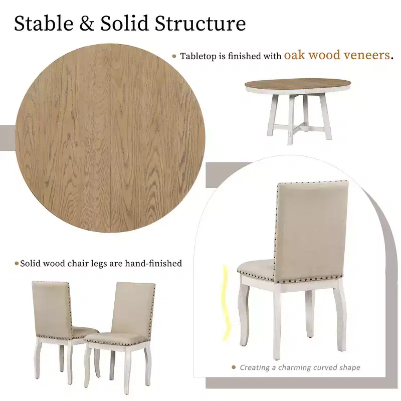 Whisen 5-Piece Farmhouse Dining Table Set with Extendable Dining Table and 4 Upholstered Dining Chairs