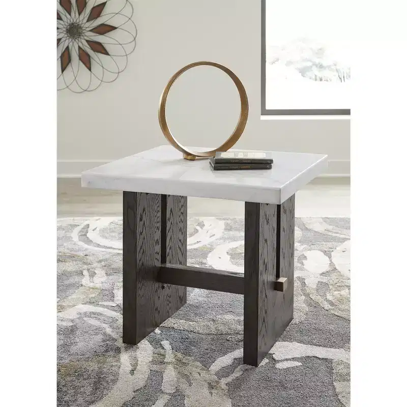 Traditional End Table with Natural Marble Tabletop – Dark Brown & White