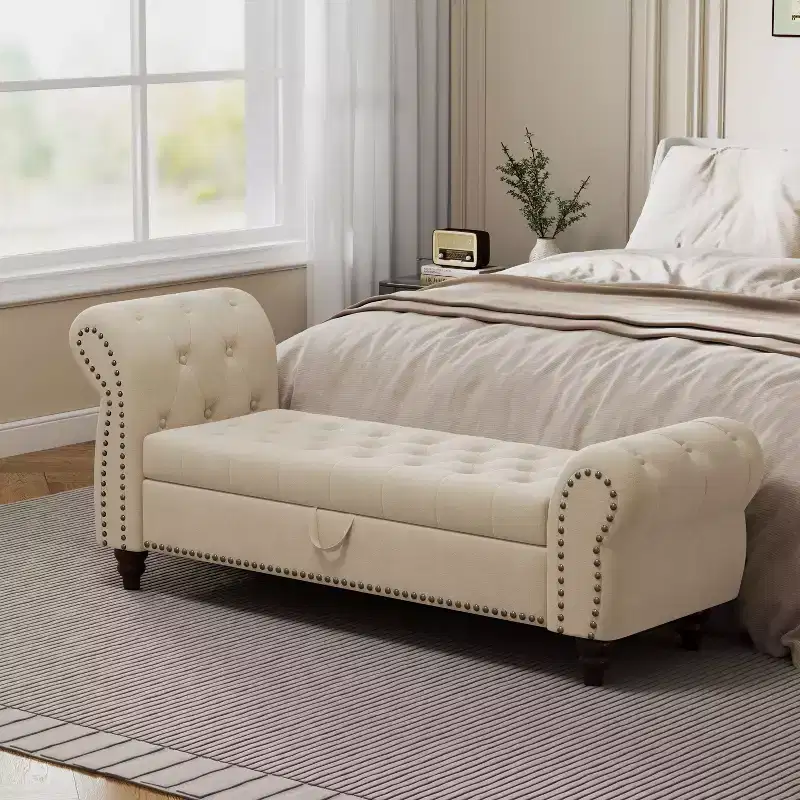 Bed Bench for Bed Room Nails Tufted Chaise of Lounge with Storage Velvet Upholstery Bench, Lake Blue