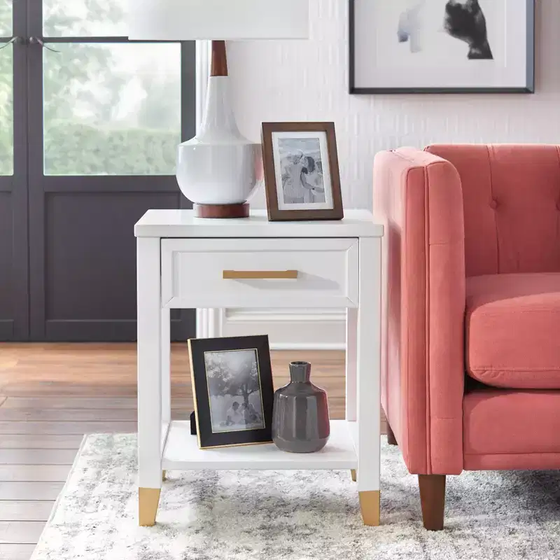 White Mid-Century End Table with Storage Drawer & Lower Shelf