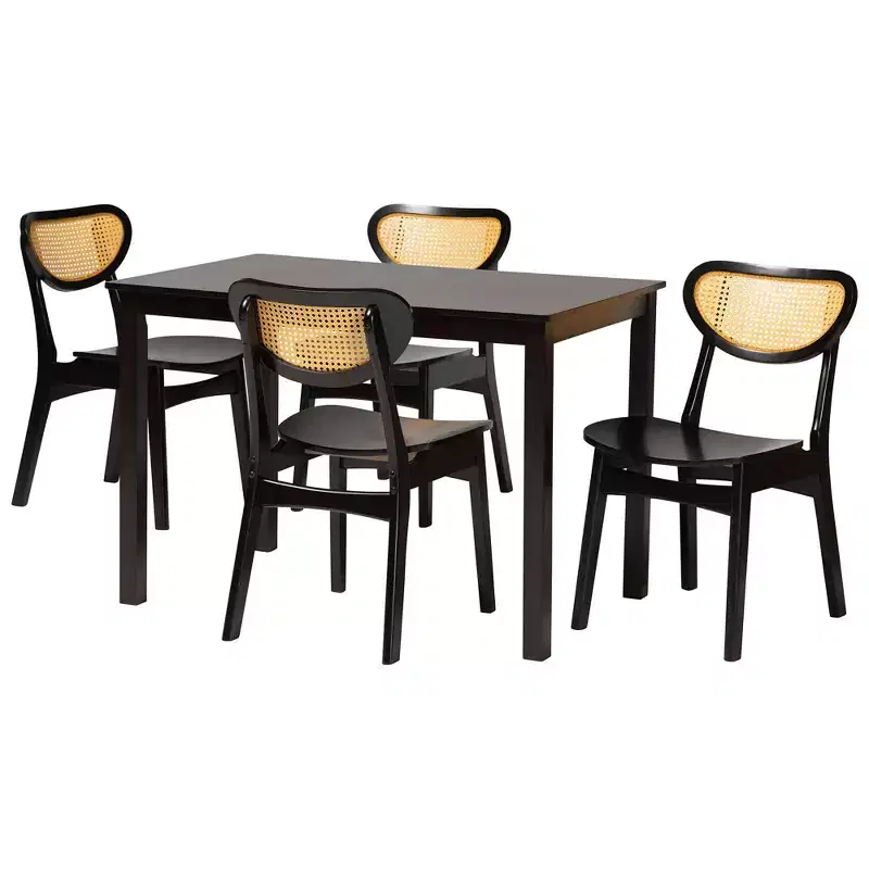 Baxton Studio Jeriah Mid-Century Modern Wood and Woven Rattan 5-Piece Dining Set