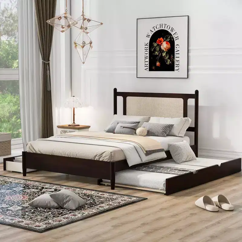 Queen Size Rattan Platform Bed with Trundle, Queen Wooden Bedframe with 2 Big Storage Drawers