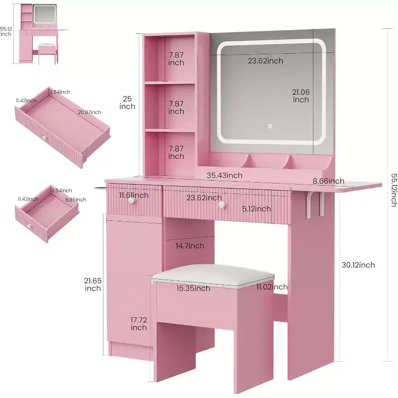 Vanity Desk with Mirror & Lights, Makeup Table with Drawers, Cabinet & Storage Stool, Dressing Table for Bedroom, White