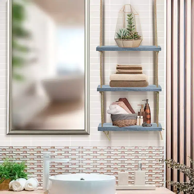 3-Tier Sorbus Rustic Wood Hanging Shelf - Storage Rope Organizer Rack, Floating Display Shelves (Grey)