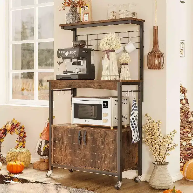 Height-Adjustable Microwave Stand Baker's Rack with Cabinet, Hooks & Wheels, Kitchen Storage