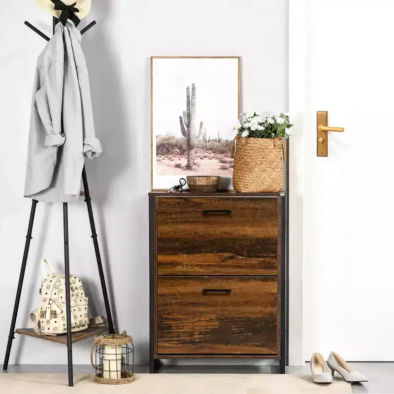 Industrial Shoe Cabinet with 2 Flip Drawers, Freestanding Shoe Storage Cabinet for 12 Pairs, Narrow Slim Shoe Rack for Entryway, Hallway