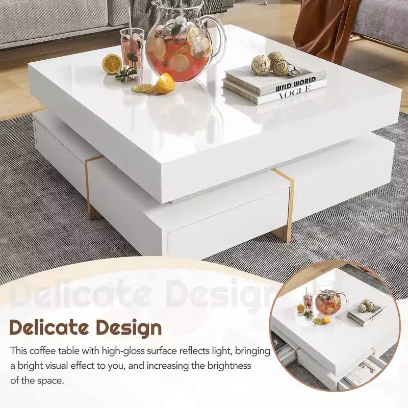 Modern High Gloss Coffee Table with 4 Drawers, Multi-Storage Square Cocktail Tea Table, White